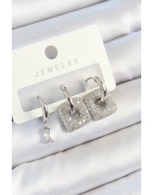 Pirinç Zirkon Taşlı Kare Model Gümüş Renk 3'lü Çift Kadın Küpe Set