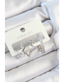 Pirinç Zirkon Taşlı Yıldız Ve Halka Model Gümüş Renk 3'lü Çift Kadın Küpe Set