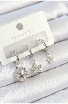 Pirinç Zirkon Taşlı Yıldız Model Gümüş Renk 3'lü Çift Kadın Küpe Set