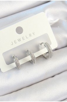 Pirinç Zirkon Taşlı Halka Model Gümüş Renk 3'lü Çift Kadın Küpe Set