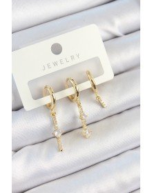 Pirinç Zirkon Taşlı Sallantılı Model Gold Renk 3'lü Çift Kadın Küpe Set