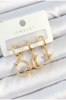 Pirinç Zirkon Taşlı Yıldız Ve Ay Model Gold Renk 3'lü Kadın Küpe Set