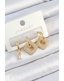 Pirinç Zirkon Taşlı Kare Model Gold Renk 3'lü Çift Kadın Küpe Set