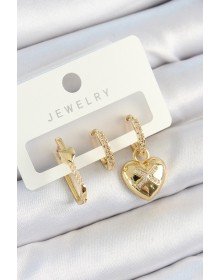 Pirinç Zirkon Taşlı Kalp Model Gold Renk 3'lü Çift Kadın Küpe Set