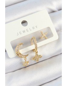 Pirinç Zirkon Taşlı Çiçek Ve Ay Model Gold Renk 3'lü Çift Kadın Küpe Set