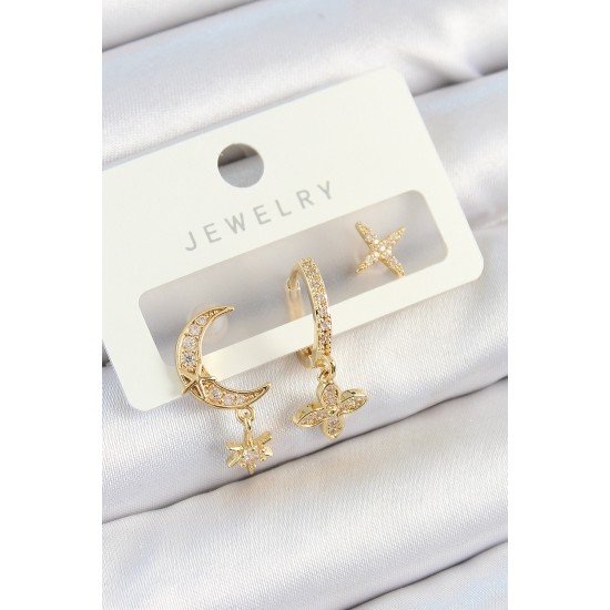 Pirinç Zirkon Taşlı Çiçek Ve Ay Model Gold Renk 3'lü Çift Kadın Küpe Set