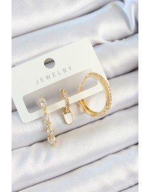 Pirinç Zirkon Taşlı Sallantılı Model Gold Renk 3'lü Çift Kadın Küpe Set