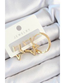 Pirinç Zirkon Taşlı Yıldız Ve Halka Model Gold Renk 3'lü Çift Kadın Küpe Set
