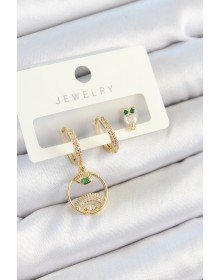 Pirinç Zirkon Taşlı Göz Ve Baykuş Model Gold Renk 3'lü Çift Kadın Küpe Set