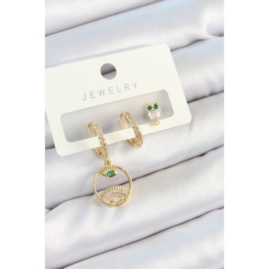 Pirinç Zirkon Taşlı Göz Ve Baykuş Model Gold Renk 3'lü Çift Kadın Küpe Set Pirinç Zirkon Taşlı Göz Ve Baykuş Model Gold Renk 3'lü Çift Kadın Küpe Set