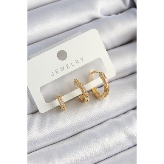Pirinç Zirkon Taşlı Halka Model Gold Renk 3'lü Çift Kadın Küpe Set Pirinç Zirkon Taşlı Halka Model Gold Renk 3'lü Çift Kadın Küpe Set