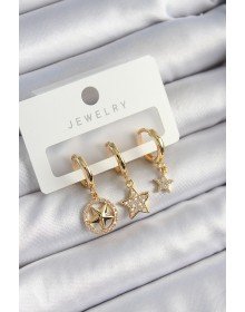 Pirinç Zirkon Taşlı Yıldız Model Gold Renk 3'lü Çift Kadın Küpe Set