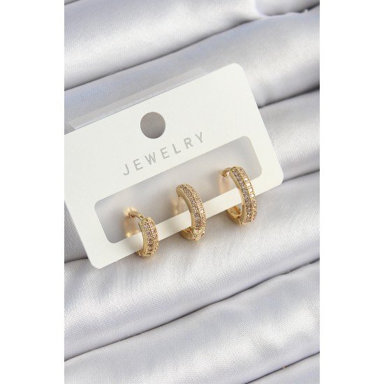 Pirinç Zirkon Taşlı Yıldız Model Gold Renk 3'lü Çift Kadın Küpe Set