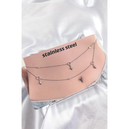 316L Çelik Zirkon Taşlı Kutup Yıldızı Model Gümüş Renk Göbek Bel Zinciri 316L Çelik Zirkon Taşlı Kutup Yıldızı Model Gümüş Renk Göbek Bel Zinciri