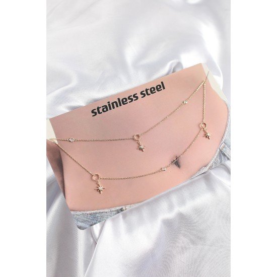 316L Çelik Zirkon Taşlı Kutup Yıldızı Model Gold Renk Göbek Bel Zinciri 316L Çelik Zirkon Taşlı Kutup Yıldızı Model Gold Renk Göbek Bel Zinciri