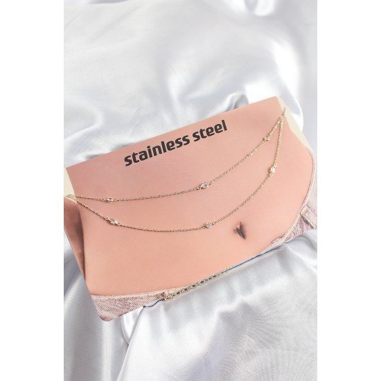 316L Çelik Zirkon Taşlı Damla Model Gold Renk Göbek Bel Zinciri