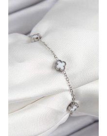 316L Çelik Beyaz Sedef Yonca Model Gümüş Renk Kadın Bileklik