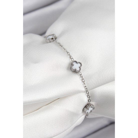 316L Çelik Beyaz Sedef Yonca Model Gümüş Renk Kadın Bileklik