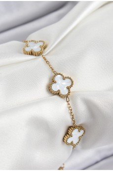 316L Çelik Beyaz Sedef Yonca Model Gold Renk Kadın Bileklik