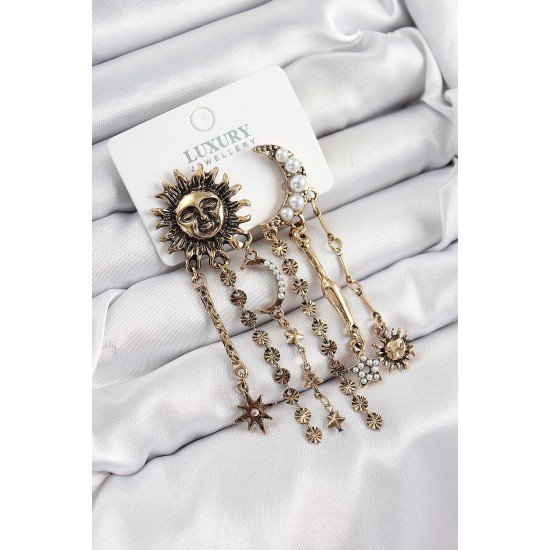 Pirinç Zirkon Taşlı Güneş Ve Ay Figürlü Eskitme Model Sallantılı Küpe Pirinç Zirkon Taşlı Güneş Ve Ay Figürlü Eskitme Model Sallantılı Küpe