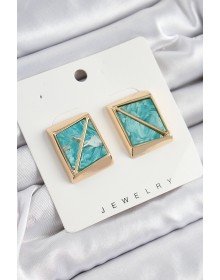 Pirinç Turkuaz Üçgen Kesim Detaylı Kare Model Vintage Gold Renk Kadın Küpe