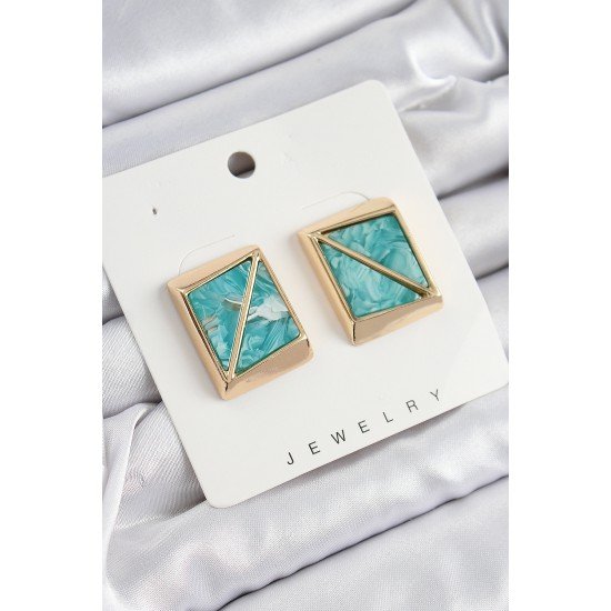 Pirinç Turkuaz Üçgen Kesim Detaylı Kare Model Vintage Gold Renk Kadın Küpe