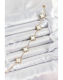 316L Çelik Beyaz Sedef Yonca Model Gold Renk Kadın Bileklik