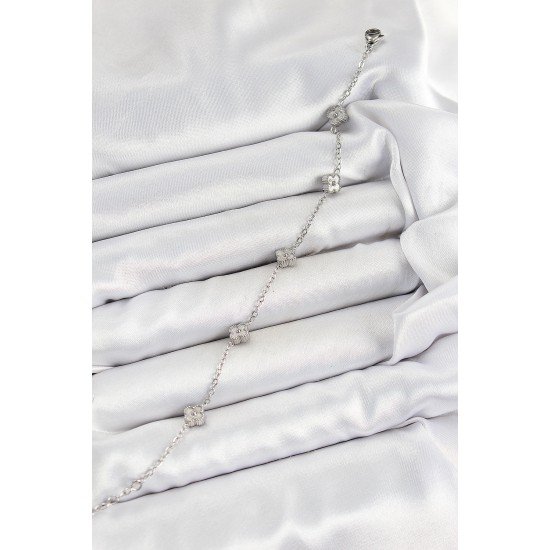 316L Çelik Yonca Model Gümüş Renk Kadın Bileklik