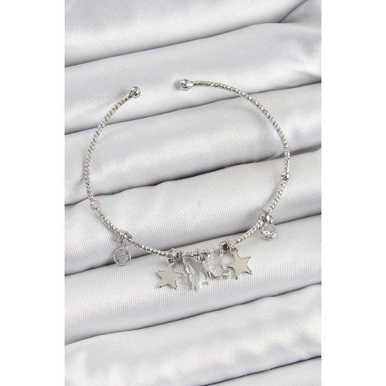 Pirinç Zirkon Taşlı Kelebek Ve Yıldız Model Gümüş Renk Charm Bileklik