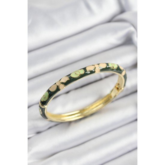 Mineli Pirinç Krem Ve Yeşil Çiçek Motifli Gold Renk Kadın Kelepçe