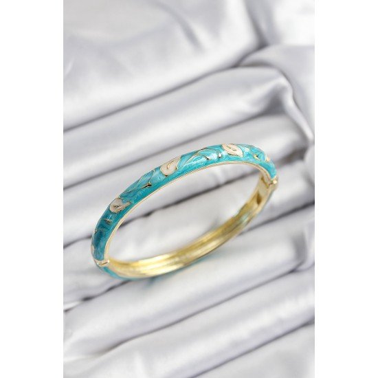 Mineli Pirinç Krem Ve Turkuaz Yaprak Motifli Gold Renk Kadın Kelepçe Mineli Pirinç Krem Ve Turkuaz Yaprak Motifli Gold Renk Kadın Kelepçe