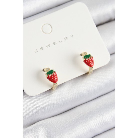 Pirinç Çilek Model Gold Renk Çocuk Küpe