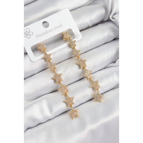 Pirinç Zirkon Taşlı Sallantılı Yıldız Model Gold Renk Kadın Küpe