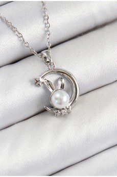 316L Çelik İnci Detaylı Hilal Tavşan Model Gümüş Renk Kadın Kolye