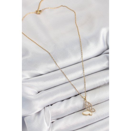 316L Çelik Zirkon Taşlı Kelebek Model Gold Renk Kadın Kolye
