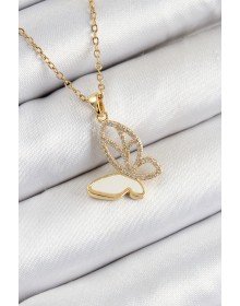 316L Çelik Zirkon Taşlı Kelebek Model Gold Renk Kadın Kolye