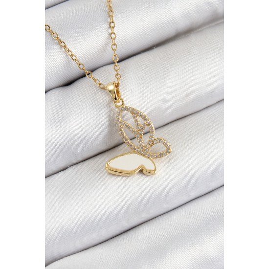 316L Çelik Zirkon Taşlı Kelebek Model Gold Renk Kadın Kolye