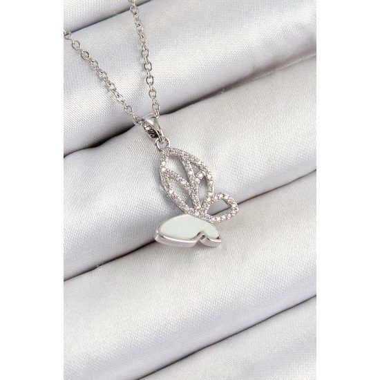 316L Çelik Zirkon Taşlı Kelebek Model Gümüş Renk Kadın Kolye