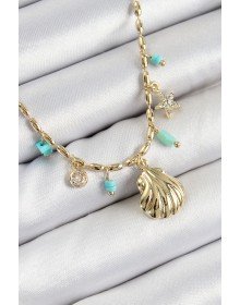 Pirinç Zirkon Taşlı Deniz Kabuğu Model Gold Renk Kadın Kolye