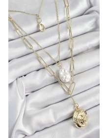 Pirinç Çoklu Zincirli İncili Deniz Kabuğu Model Gold Renk Kadın Kolye