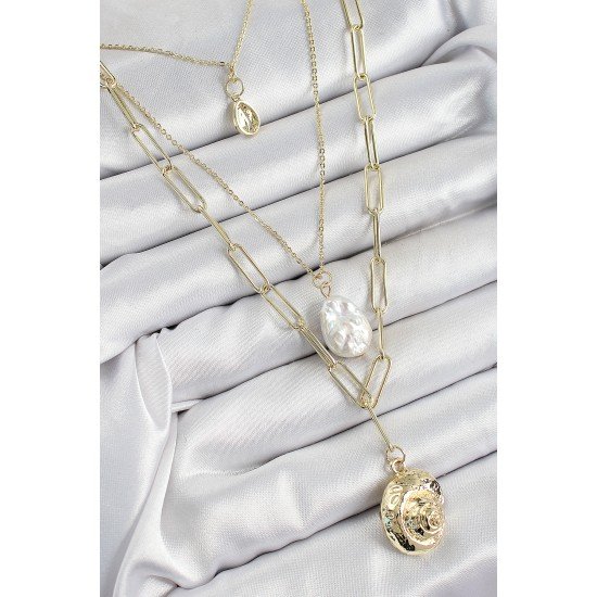 Pirinç Çoklu Zincirli İncili Deniz Kabuğu Model Gold Renk Kadın Kolye