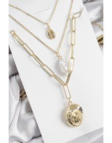 Pirinç Çoklu Zincirli İncili Deniz Kabuğu Model Gold Renk Kadın Kolye