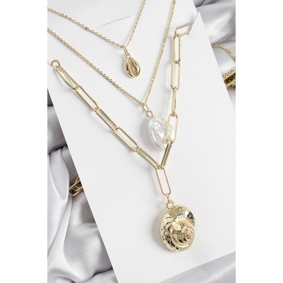 Pirinç Çoklu Zincirli İncili Deniz Kabuğu Model Gold Renk Kadın Kolye