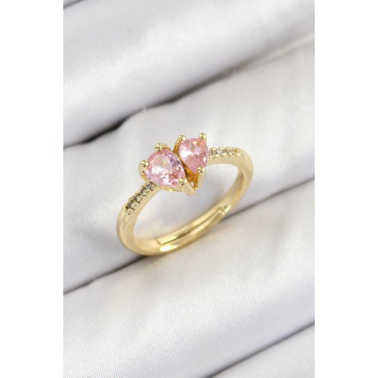 Pirinç Zirkon Taşlı Pembe Kalp Model Gold Renk Kadın Yüzük