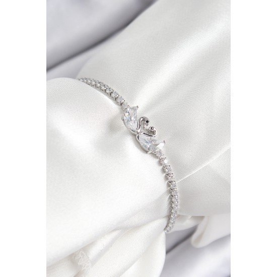 Pirinç Zirkon Taşlı Kuğu Model Gümüş Renk Asansörlü Kadın Bileklik