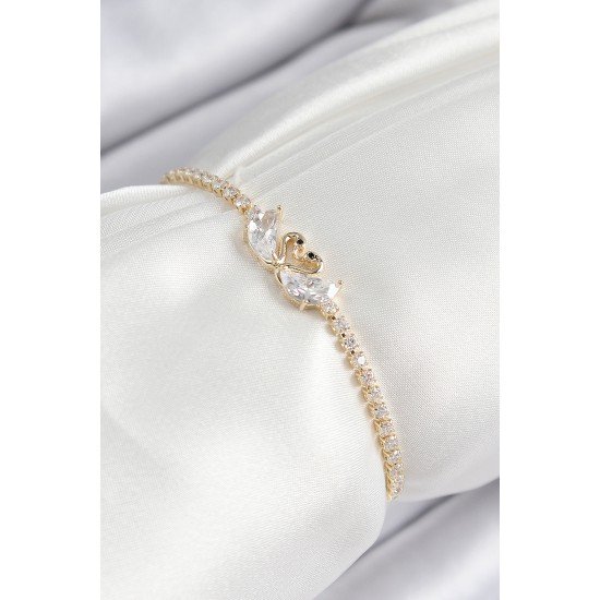 Pirinç Zirkon Taşlı Kuğu Model Gold Renk Asansörlü Kadın Bileklik