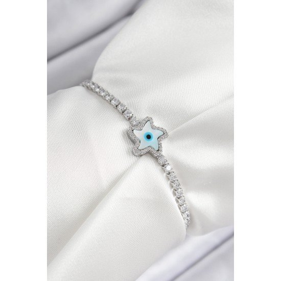 Pirinç Zirkon Taşlı Nazar Yıldız Model Gümüş Renk Asansörlü Kadın Bileklik