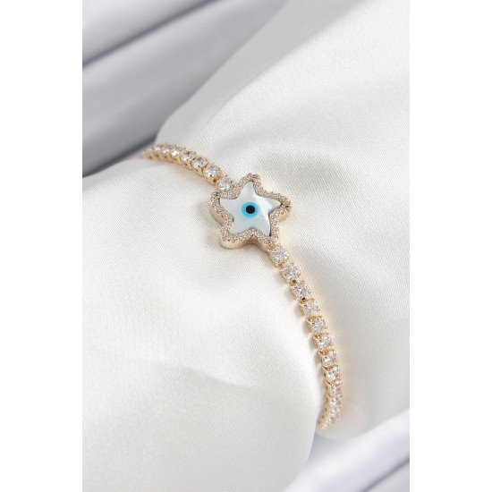 Pirinç Zirkon Taşlı Nazar Yıldız Model Gold Renk Asansörlü Kadın Bileklik Pirinç Zirkon Taşlı Nazar Yıldız Model Gold Renk Asansörlü Kadın Bileklik