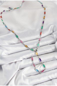 Pirinç Renkli Zirkon Taşlı Dikdörtgen Model Gümüş Renk Kadın Y Kolye