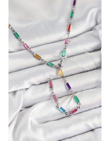 Pirinç Renkli Zirkon Taşlı Dikdörtgen Model Gümüş Renk Kadın Y Kolye